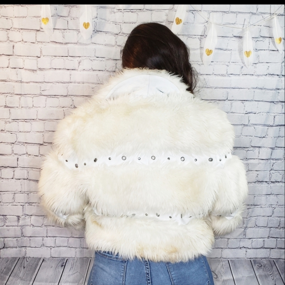Wilsons Leather White Fur Studded Leather Jacket